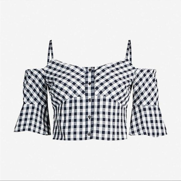 Maje Lapri Gingham Cropped Off Shoulder Top in Checkered black + white size 1 SP - Picture 2 of 16
